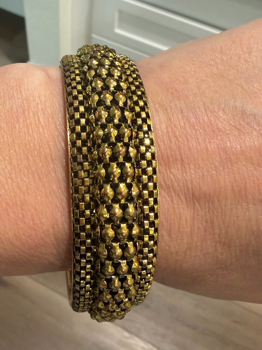 Vintage Brass Mesh Bangle Bracelet – Chunky Gold Tone Statement – Large 3” Wide